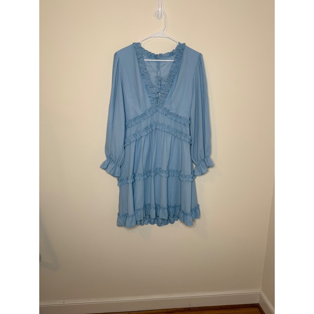 Women's M Blue Tiered Ruffled Dress Cottagecore Prairie Keyhole Back Long Sleeve